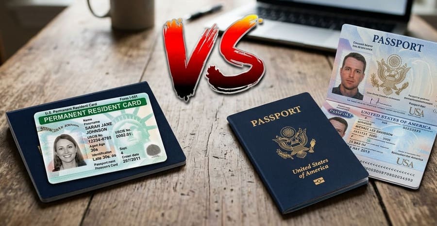 A U.S. Permanent Resident card and a U.S. passport on a table