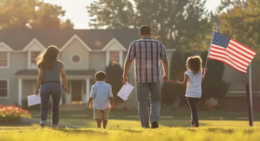 A family walking witth the US flag