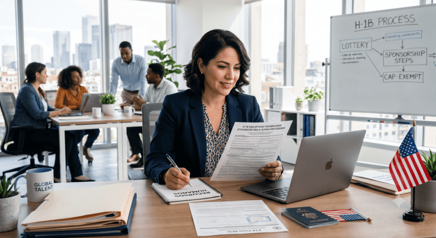 An HR professional in an office reviewing documents on H-1B visa sponsorship options for employers, with a process diagram in the background.