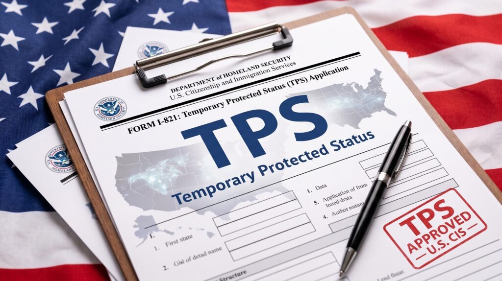"Close-up of a clipboard holding the official Department of Homeland Security Temporary Protected Status (TPS) application form. The document features the text 'TPS' in large letters, a red 'TPS APPROVED' stamp, and a black pen resting on the paper. A slightly blurred United States flag is visible in the background." Do you need help translating any other part of your blog post?